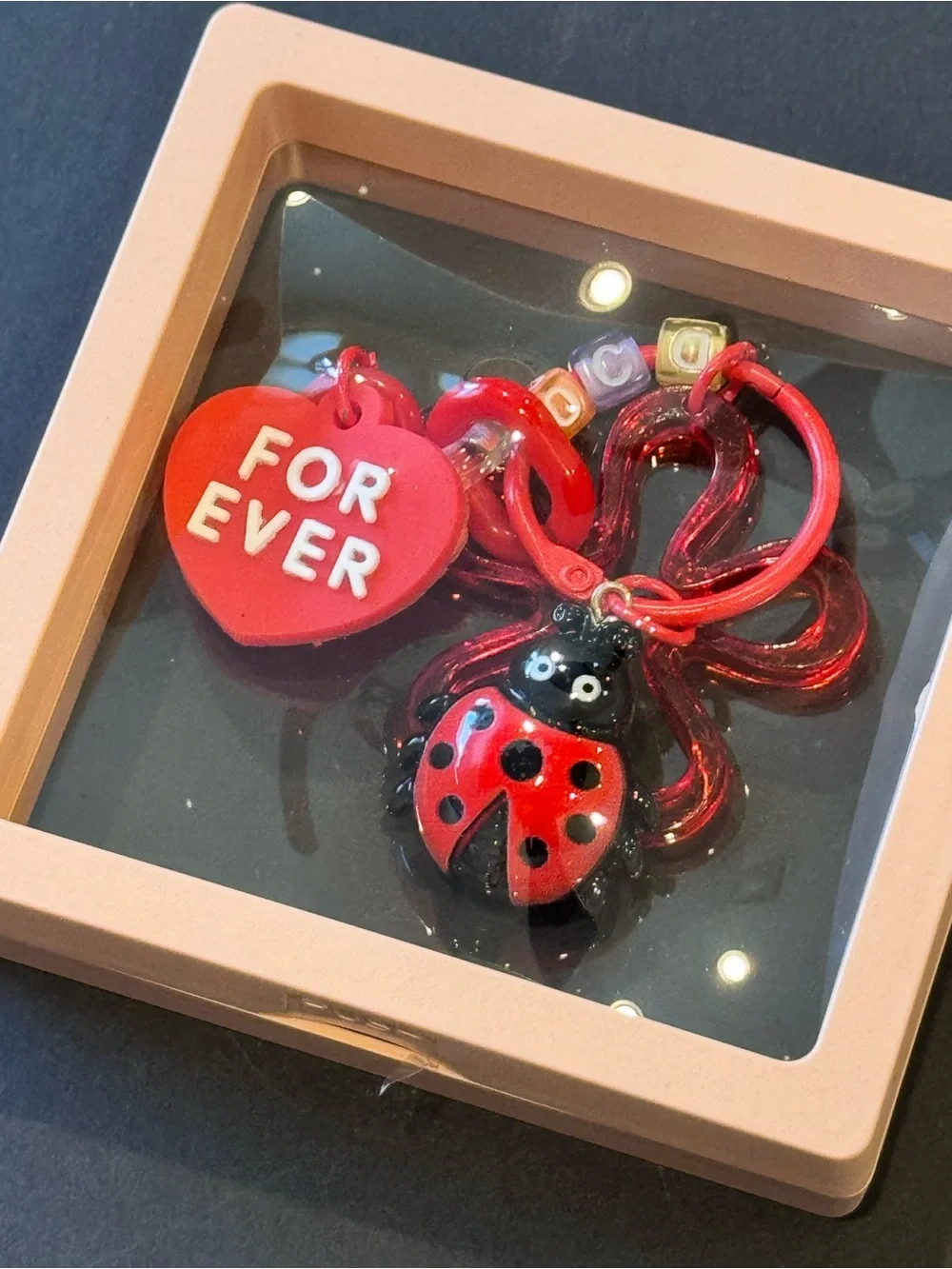 Red Ladybug Heart Charm Keychain for Kids - Playful Bag Accessory in Shadow Box